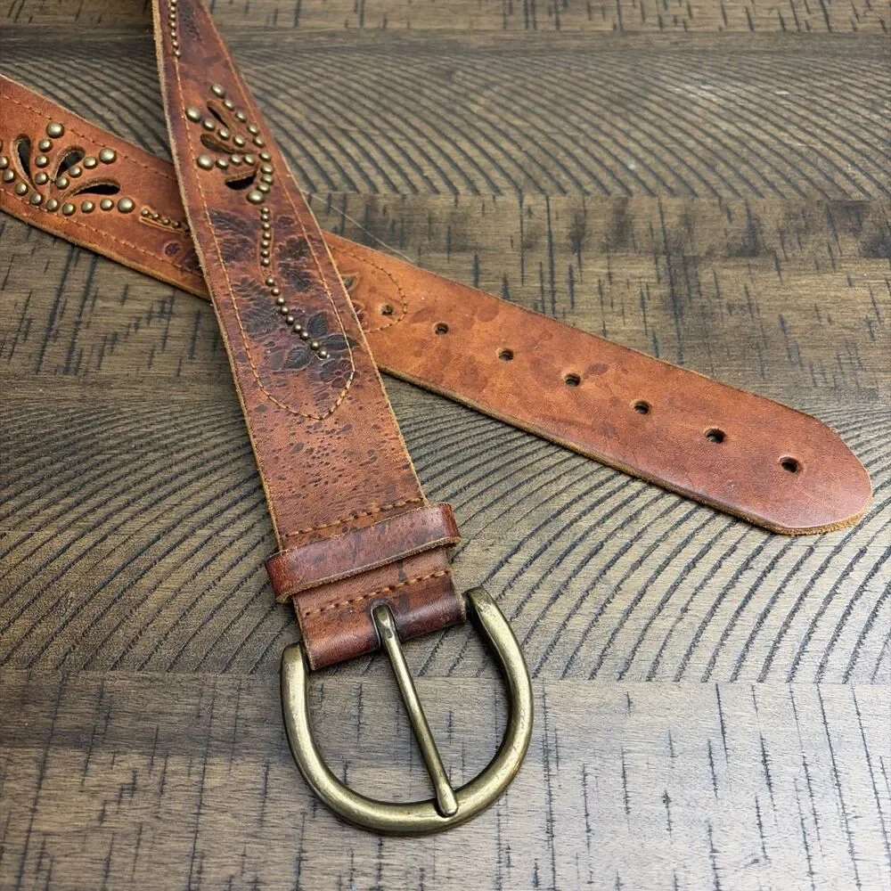 Express Brown Genuine Leather Floral Embossed Wide Studded Belt Women Size L